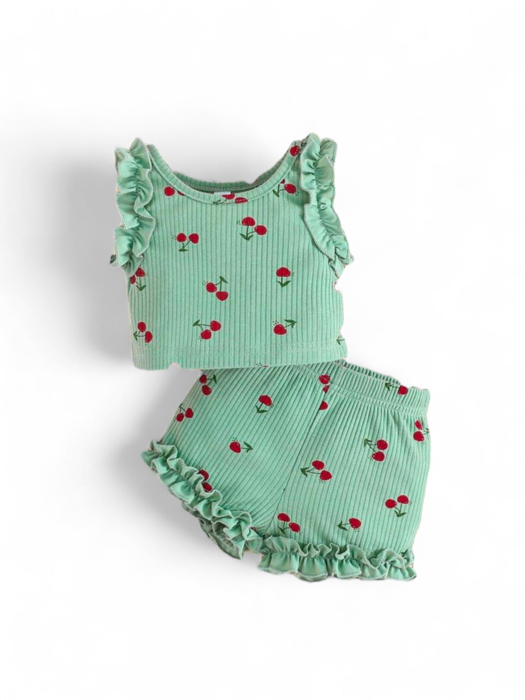 Green cherry print ruffle pants baby set