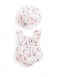 Strawberry 2pc white hat & romper baby set