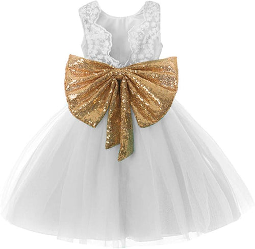 White with gold bow formal  baby dress