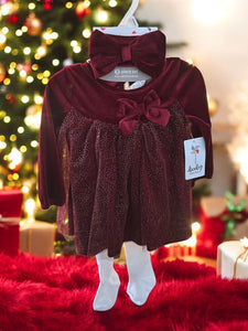 Velvet baby dress with headband & stockings