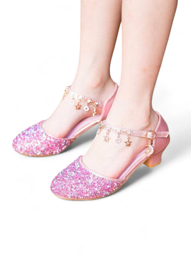 Hot pink sparkly girl formal shoes with gold hanging embellishments