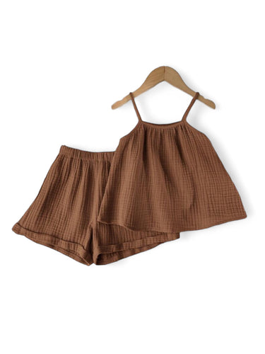 Linen chocolate brown girl set