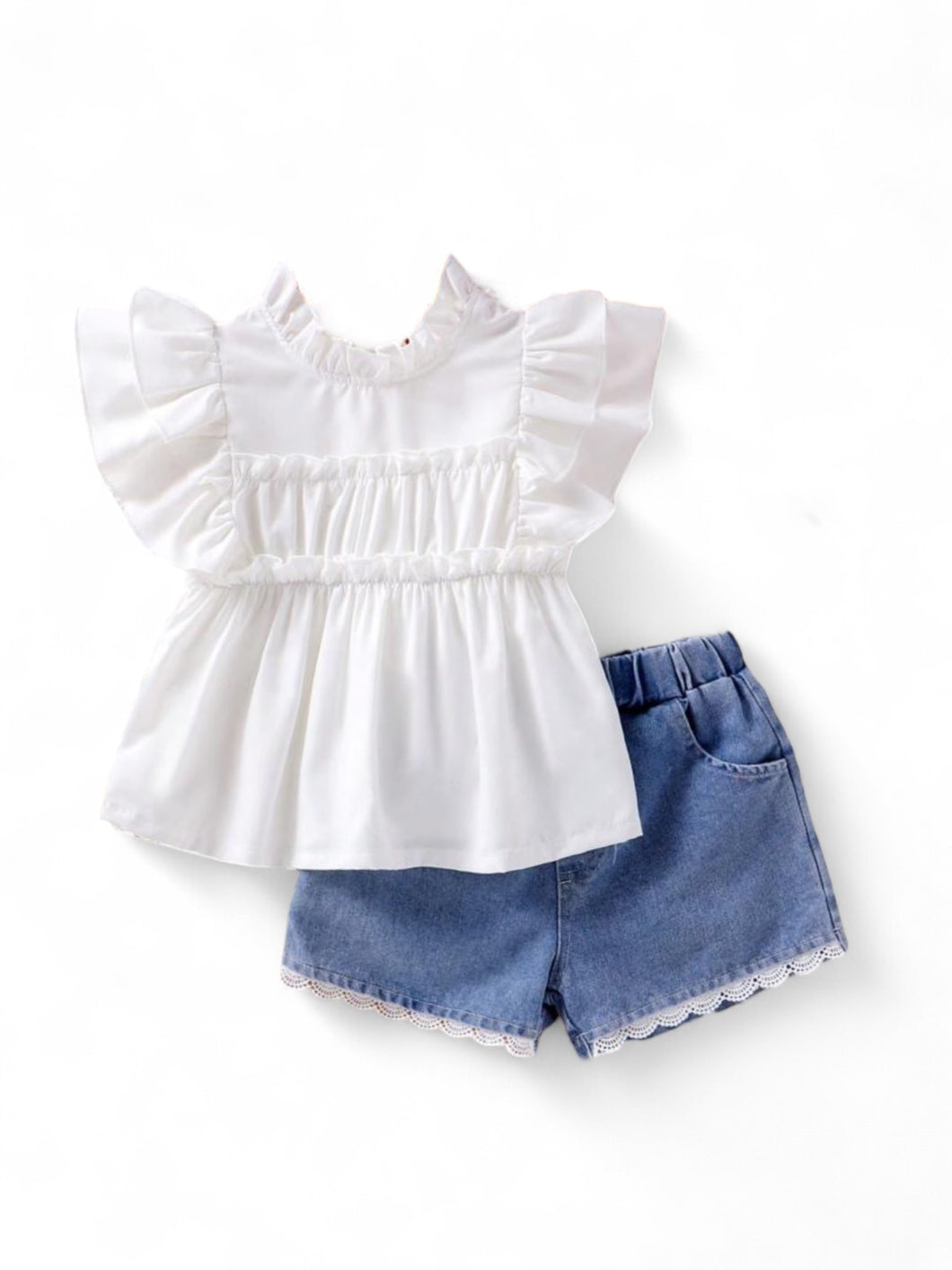 White top and denim pants girls set