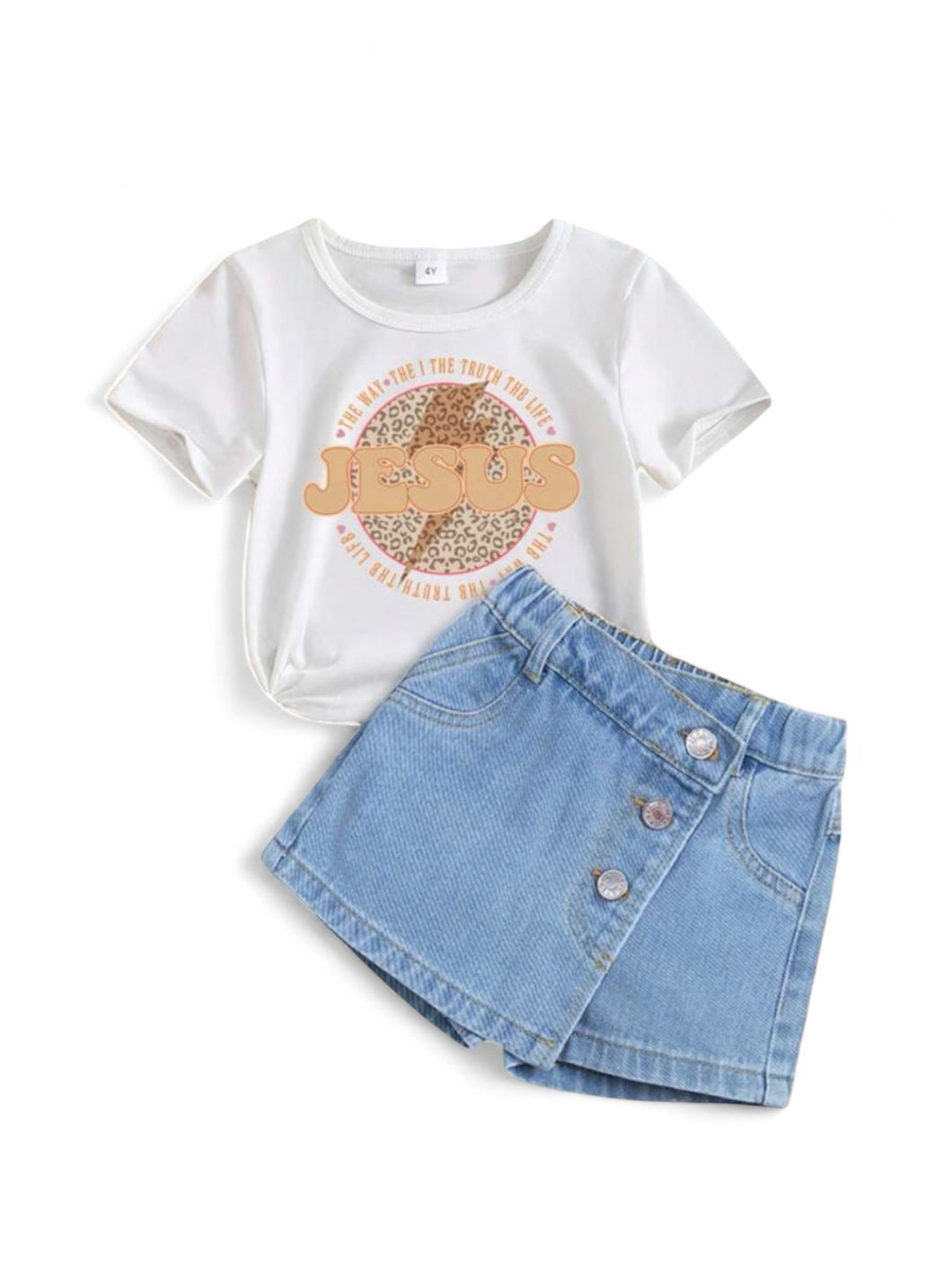 Jesus top with jeans skirt girl set