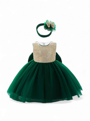 Green girl dress with gold embellishment & headband