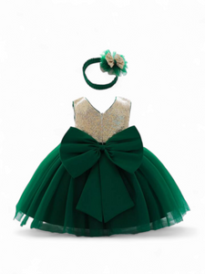 Green girl dress with gold embellishment & headband