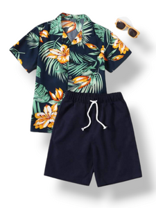 Floral print with blue solid pant 2 pc boys set