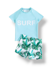 Surf baby blue with leaf print boy swimsuit