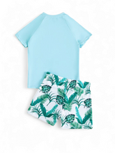 Surf baby blue with leaf print boy swimsuit