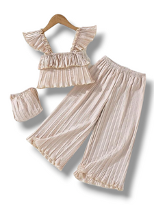 Champagne 3 pc ruffle top with wide leg pants girl set