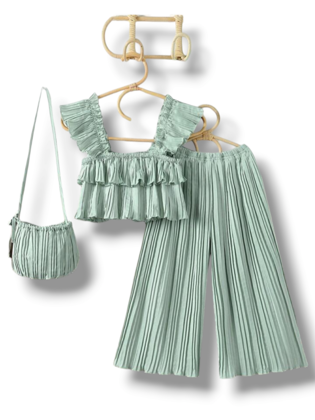 Mint green 3 pc ruffle top with wide leg pants girl set