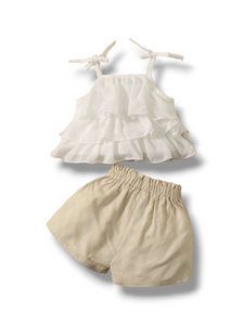 White ruffle top with khaki shorts baby set