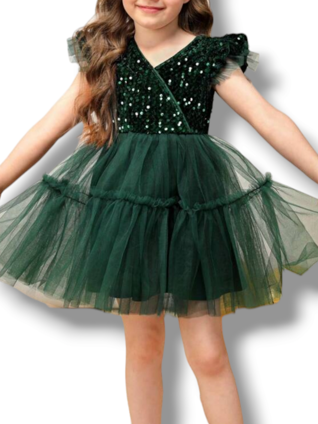 Green sequence dress with tutu buttom girl dress