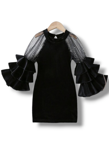 Girl black dress with ruffle long sleve girl dress