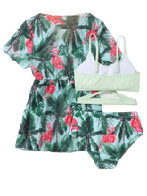 Flamingo green print  3pc with cover girls swimsuit