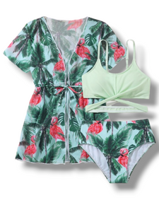 Flamingo green print  3pc with cover girls swimsuit