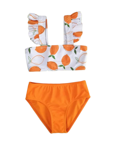 Orange print 2pc girl swimsuit