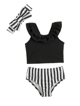 Toddler  2pc black with white stripes baby swimsuit with headband