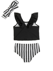 Toddler  2pc black with white stripes baby swimsuit with headband