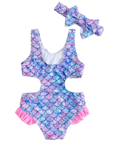 Purple and pink mermaid girl swimsuit with headband