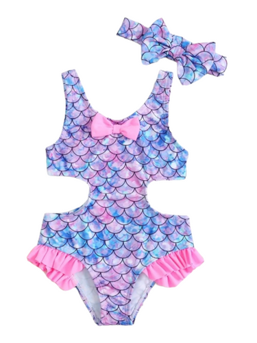 Purple and pink mermaid girl swimsuit with headband