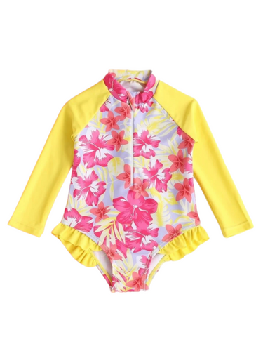 Yellow and pink floral print baby swimsuit