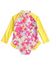 Yellow and pink floral print baby swimsuit