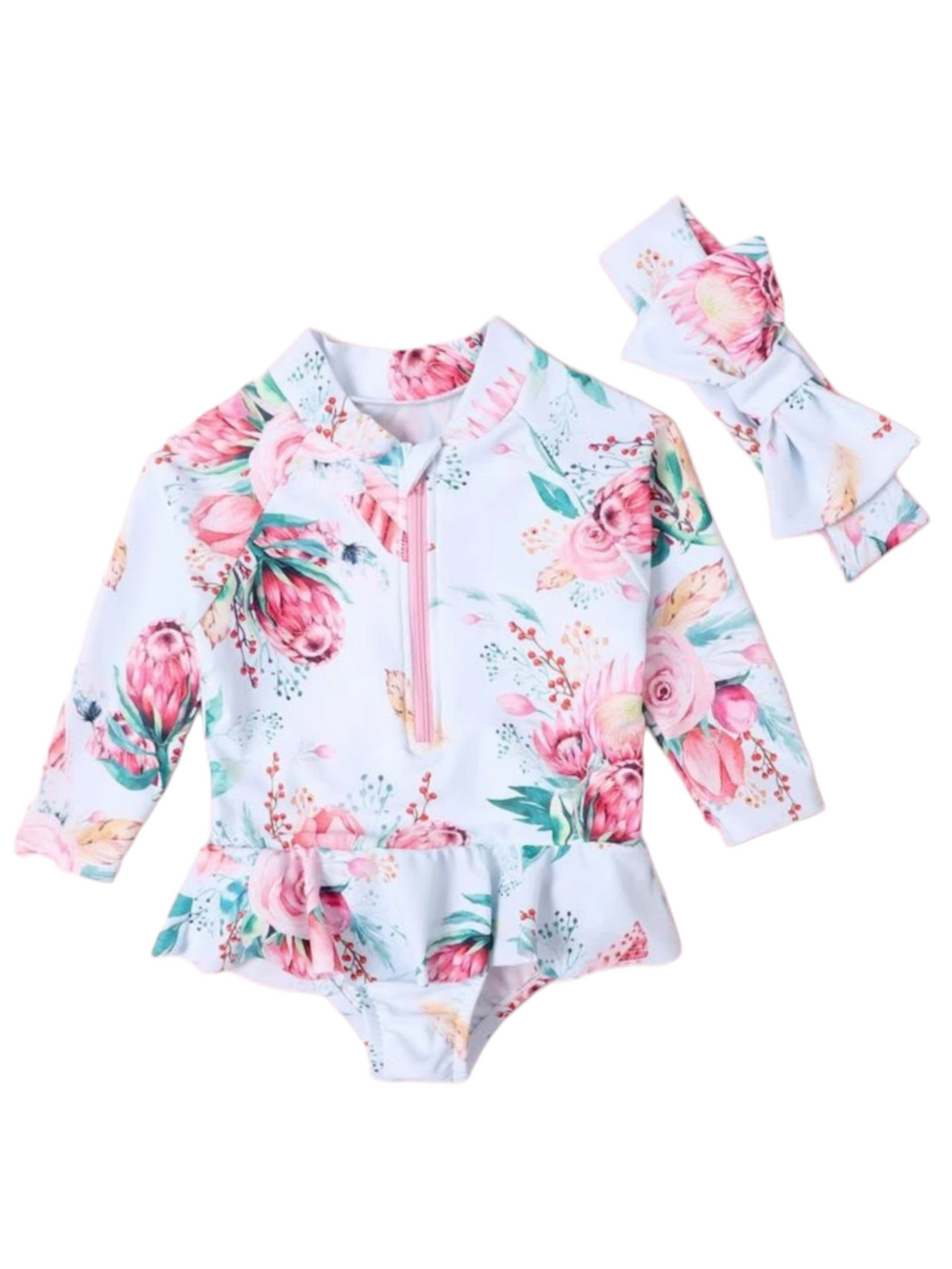 Floral print baby swimsuit with headband