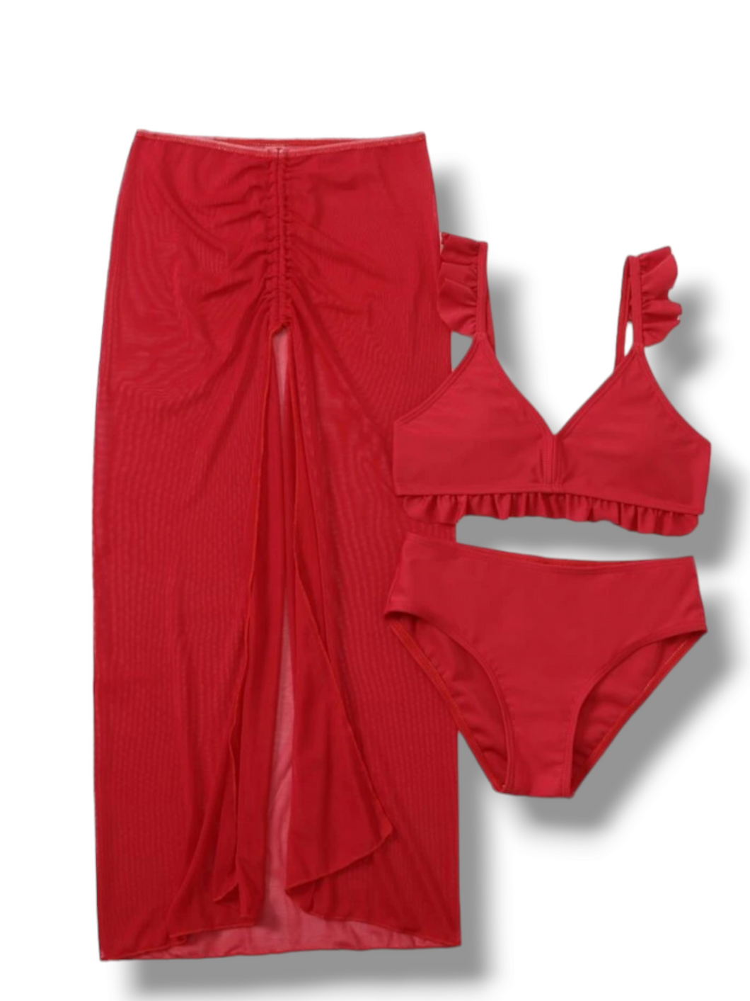 Red 3pc set including cover skirt girl swimsuit