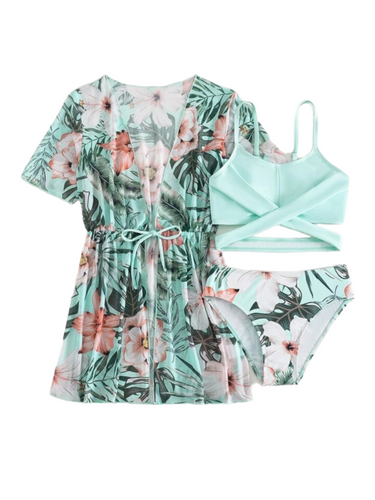 Floral aqua print 3pc Girl swimsuit