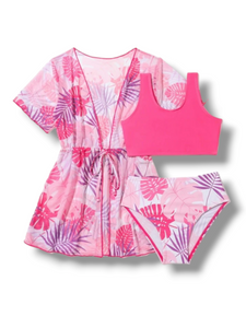 Pink leaf print 3pc girl swimsuit