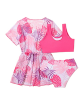 Pink leaf print 3pc girl swimsuit