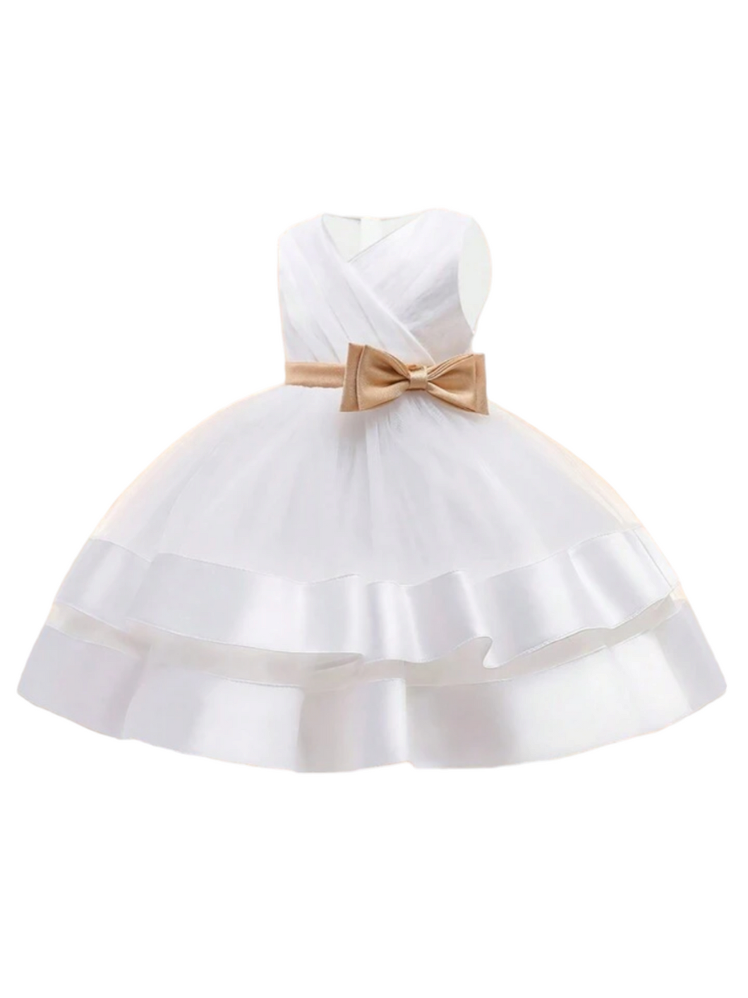 White girl formal dress with gold bow