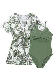 Palm print girls swimsuit