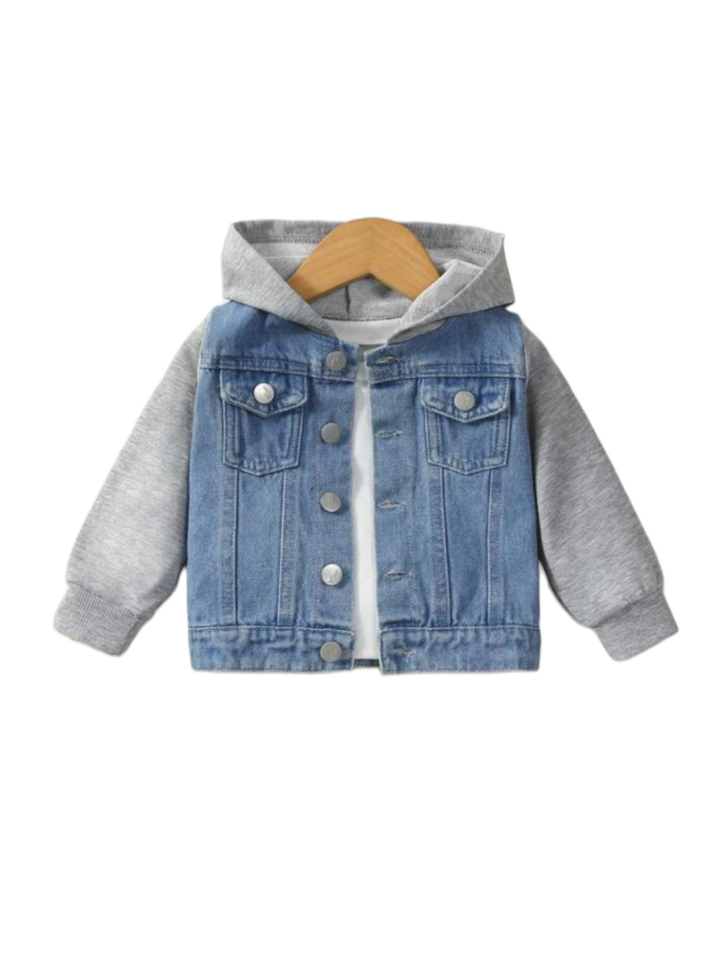 Baby boy jeans jacket with grey sleeves and hoddie