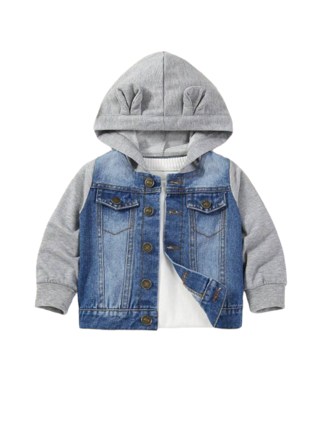 Baby boy jeans jacket with grey sleeves and hoodie (flap)