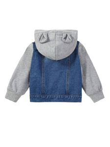 Baby boy jeans jacket with grey sleeves and hoodie (flap)