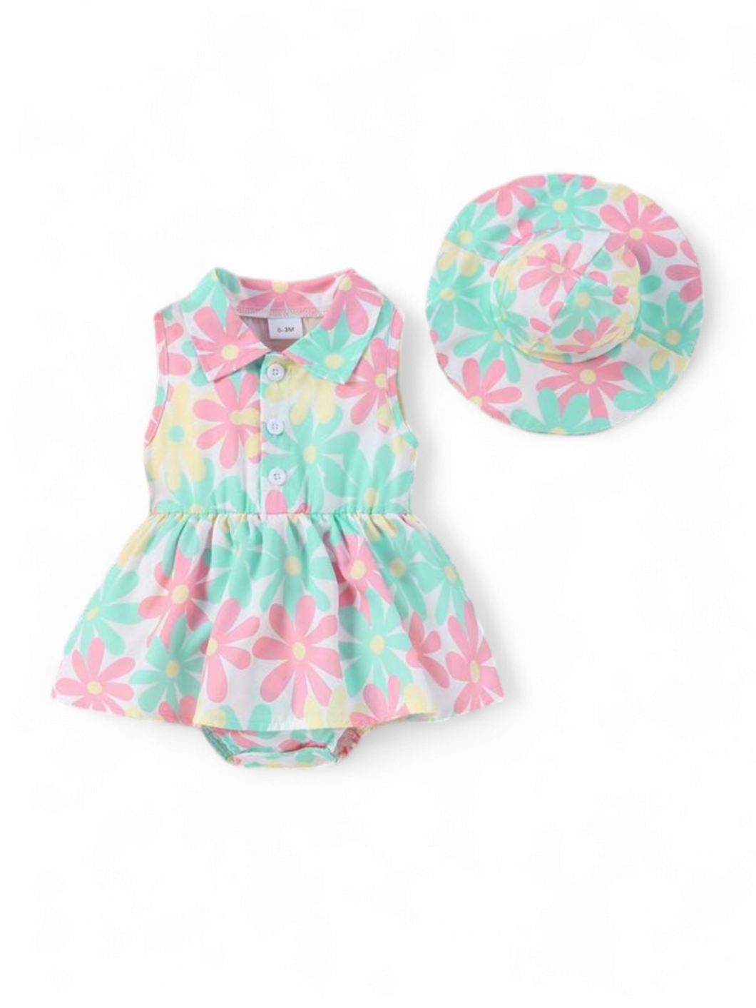 Multicolor baby dress romper with hat