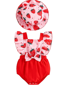 strawberry baby dress romper with hat