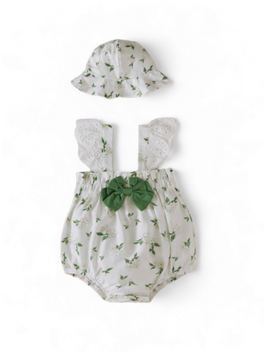 Green baby dress romper with hat