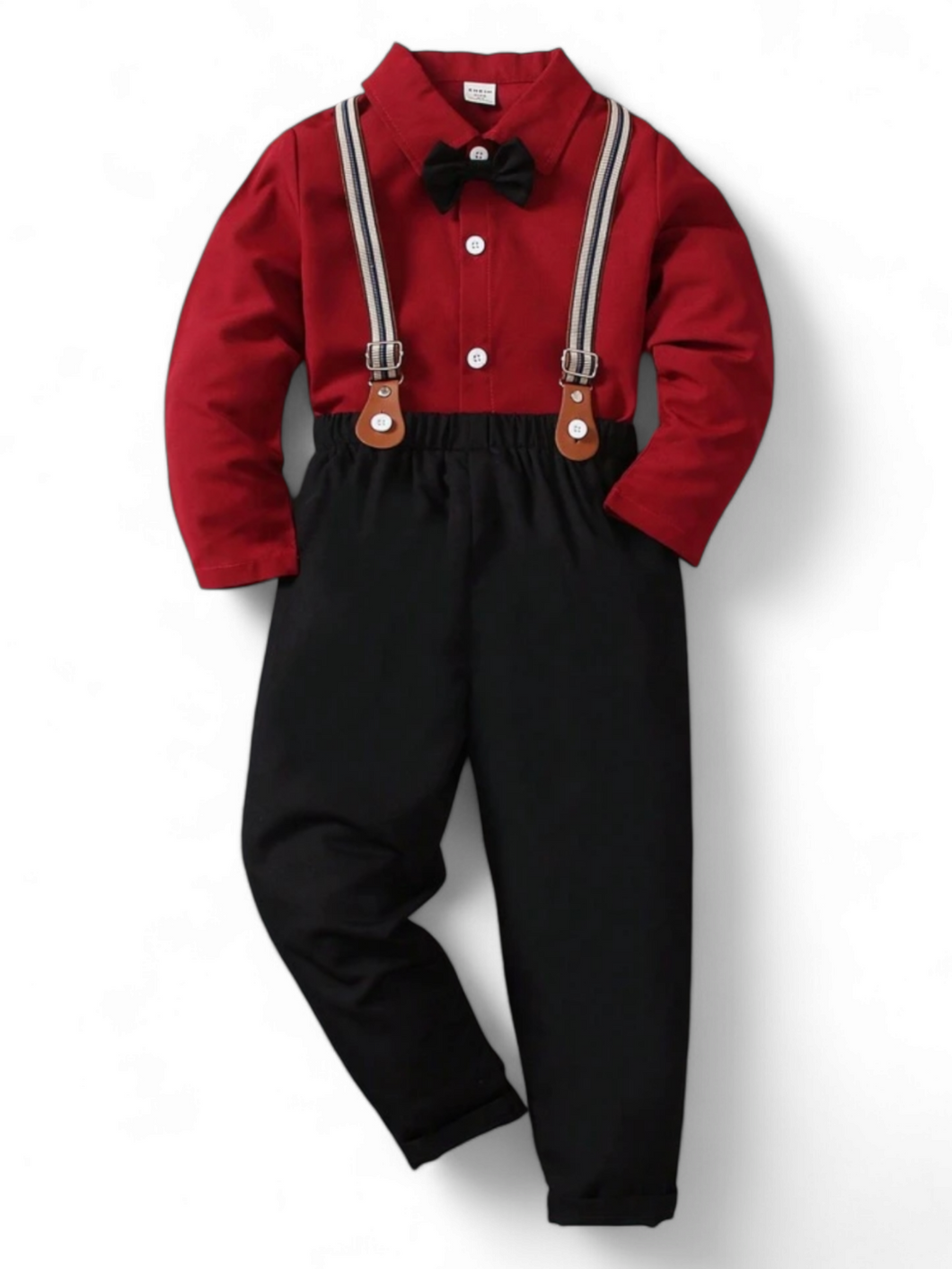 Red and black boy formal set including suspenders