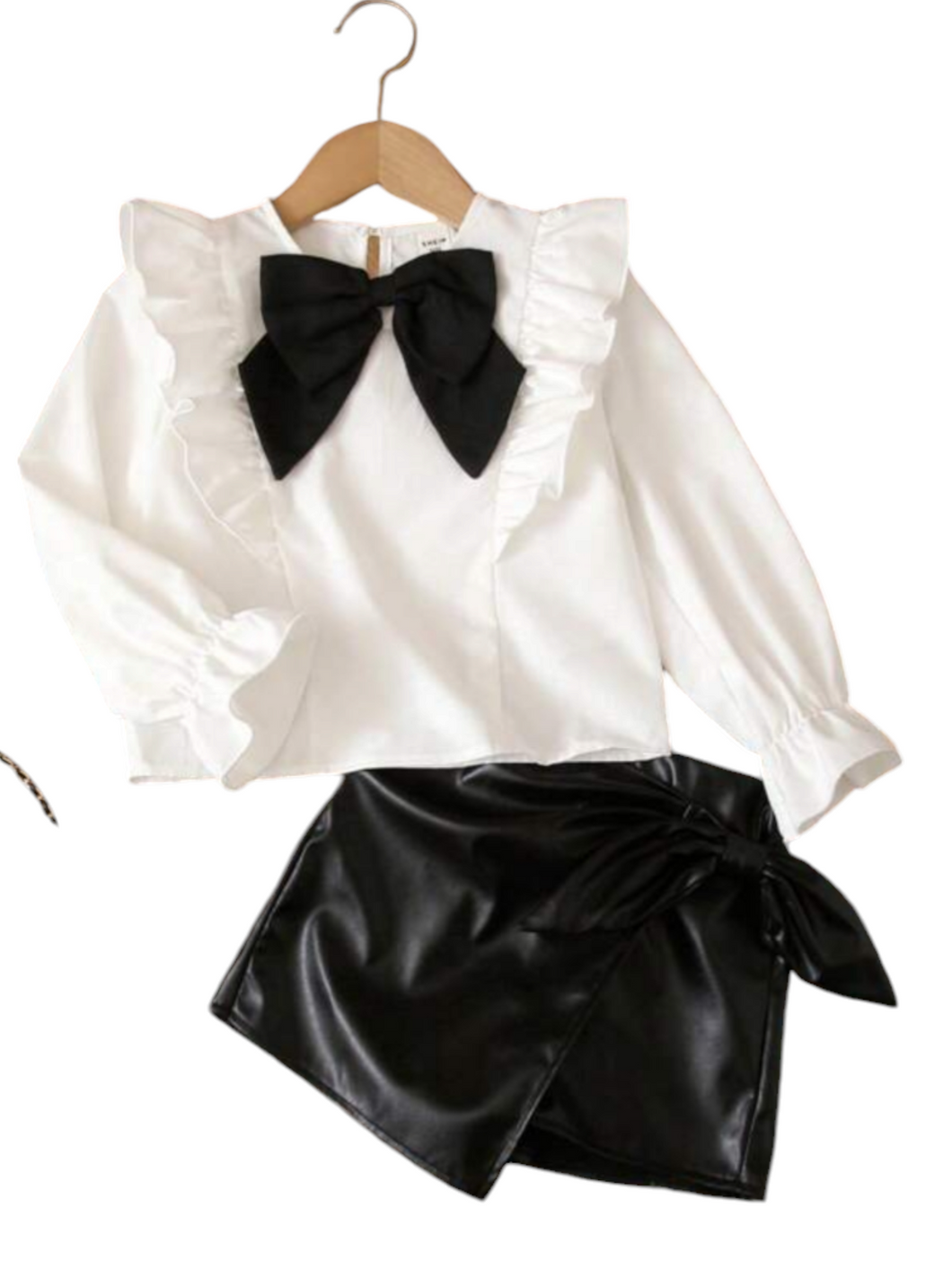 Girl white top with black leather skirt girl set