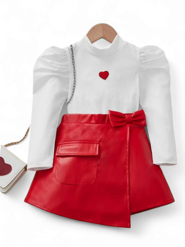 Red heart blouse with leather skirt girl set