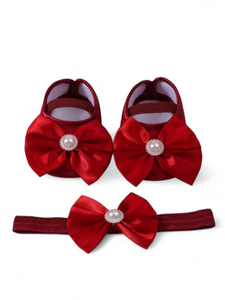 Red with pearl velvet baby shoes & headband set