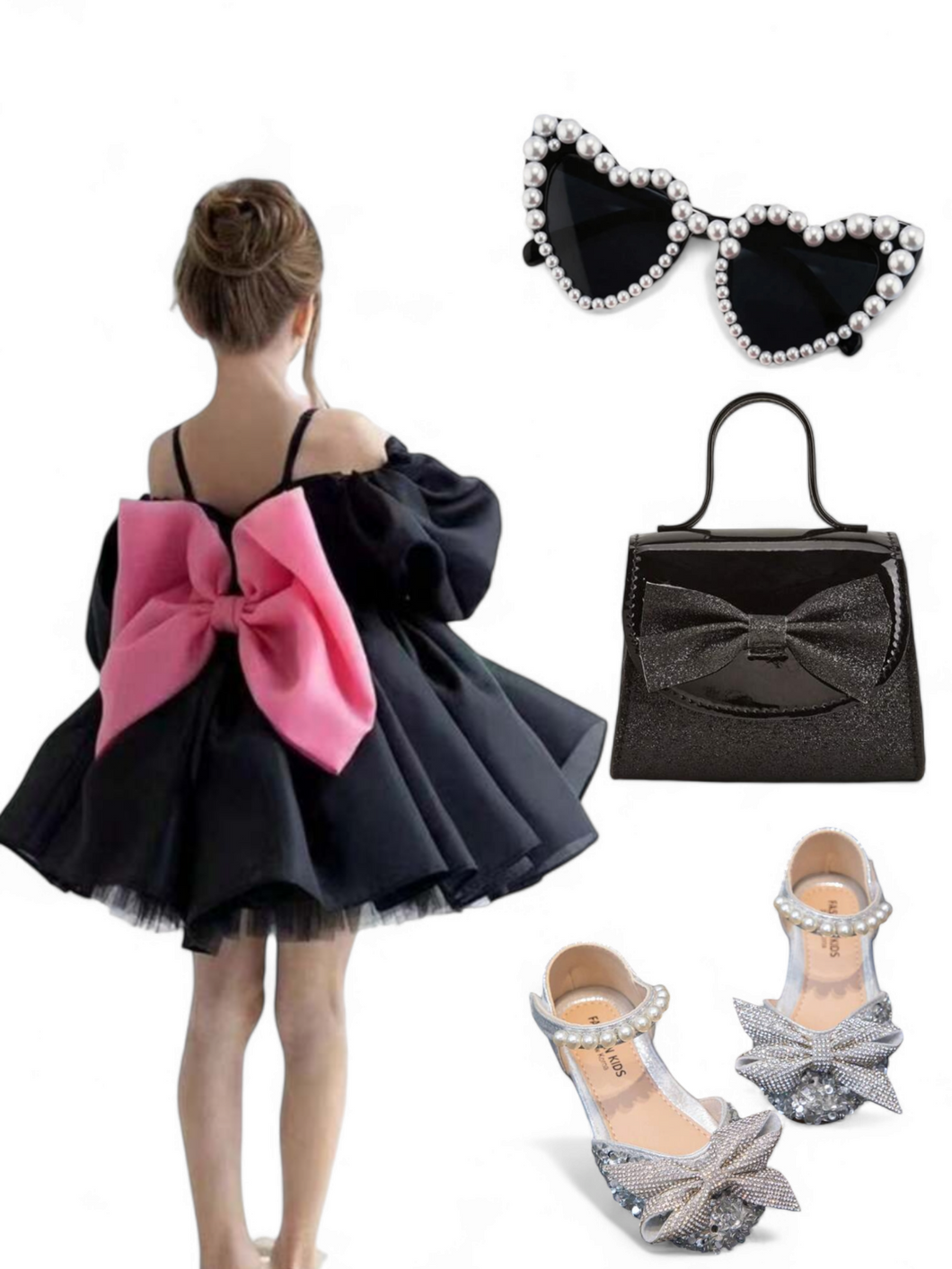 Black puffy with big pink bow  fancy girl formal dress