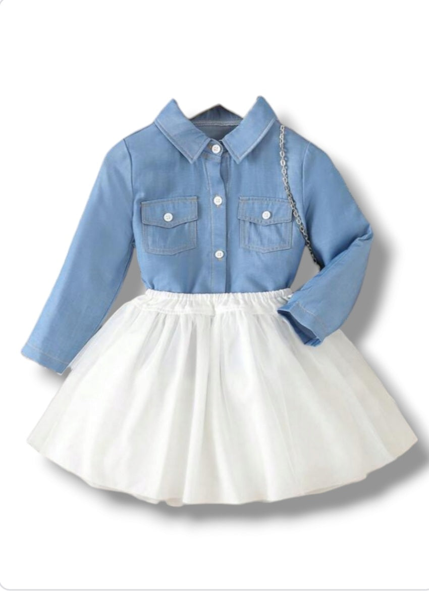 Girl Denim style top with white tutu skirt