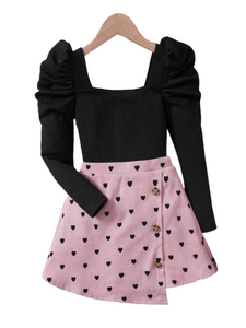 Girls Ruffle sleeve black top with pink heart skirt