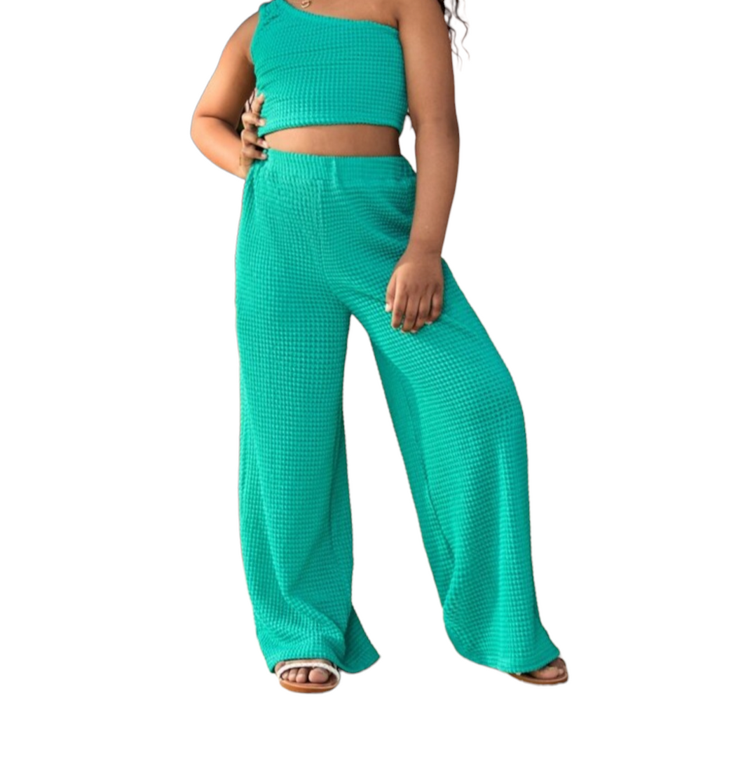 Girl set  one shoulder crop top with wide leg pants