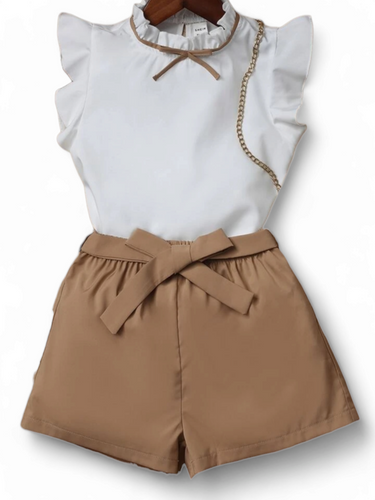 Frill neck white top with belted shorts girl set