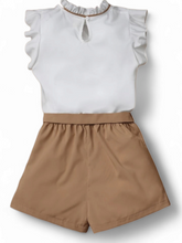 Frill neck white top with belted shorts girl set